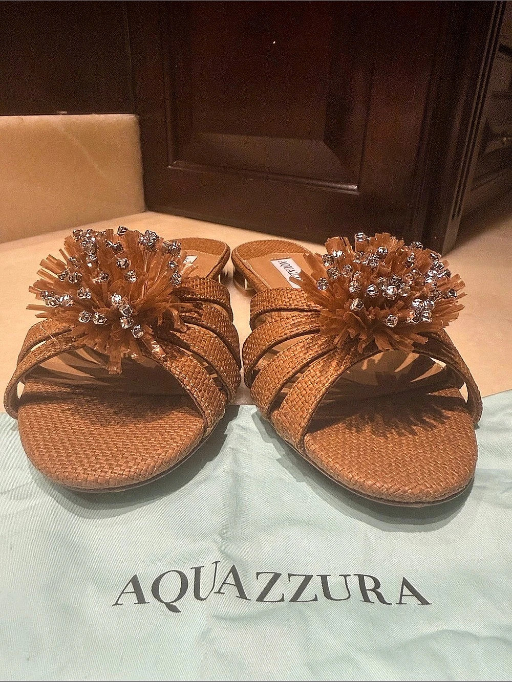 Aquazzura Costiera Embellished Raffia Flat Sandals Brown